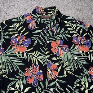 Tori Richard Honolulu Hawaiian Camp Shirt Large Regular Black Silk Cotton Leaf